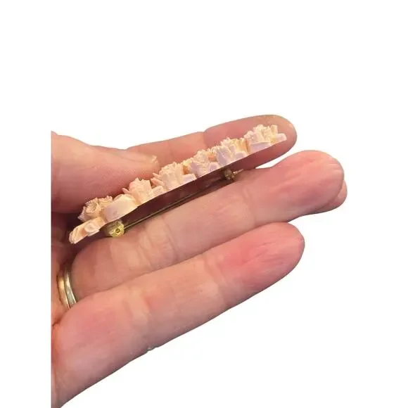 Vintage Carved Celluloid Floral Brooch Peach Rose Spray 1930s 1940s Pin - Picture 8 of 10